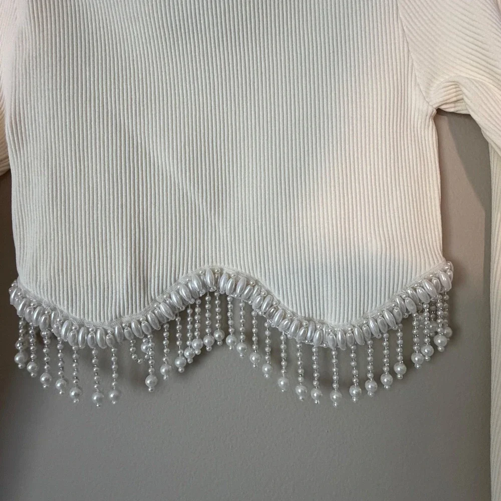 ZARA Cream Ribbed Cropped Long‎ Sleeve Top Beaded Fringe Size S